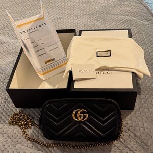 Gucci Marmont rare three zip Black Chevron Crossbody Bag with Gold Accents